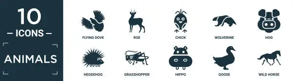 Vector illustration of filled animals icon set. contain flat flying dove, roe, chick, wolverine, hog, hegdehog, grasshopper, hippo, goose, wild horse icons in editable format..