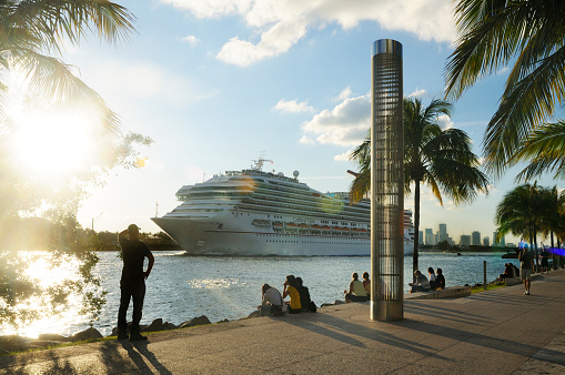 Coco Cay, Bahamas - April 29, 2022: Symphony of the seas is the biggest cruise ship, docked in Cococay, the private island post that's owned by the Royal Caribbean cruise line
