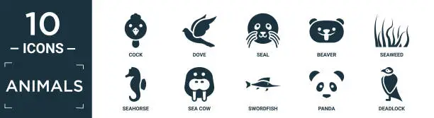 Vector illustration of filled animals icon set. contain flat cock, dove, seal, beaver, seaweed, seahorse, sea cow, swordfish, panda, deadlock icons in editable format..