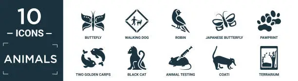 Vector illustration of filled animals icon set. contain flat buttefly, walking dog, robin, japanese butterfly, pawprint, two golden carps, black cat, animal testing, coati, terrarium icons in editable format..