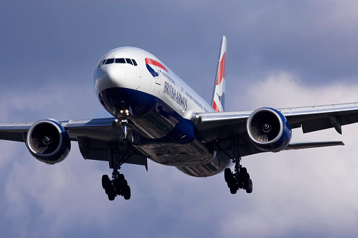 London, UK - May 29, 2023: Boeing 777 British Airways approaching early morning to London Heathrow Airport.