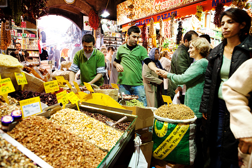 Istanbul, Turkey - April 16, 2023: A picture of the spices sold inside the Egyptian or Spice Bazaar, in Istanbul.