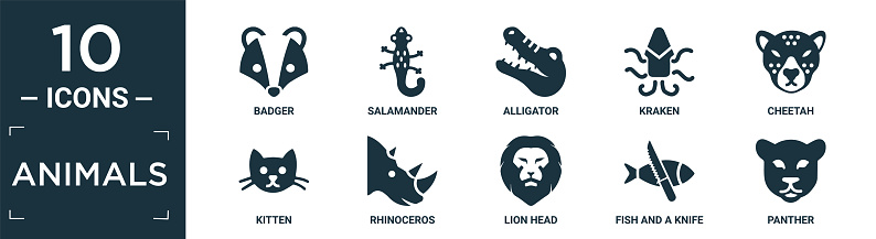 filled animals icon set. contain flat badger, salamander, alligator, kraken, cheetah, kitten, rhinoceros, lion head, fish and a knife, panther icons in editable format.