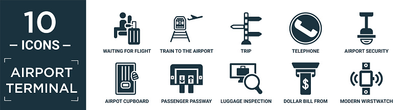 filled airport terminal icon set. contain flat waiting for flight, train to the airport, trip, telephone, airport security camera, airpot cupboard, passenger passway, luggage inspection, dollar bill