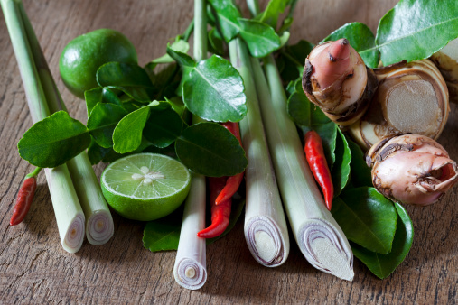Thai Tom Yam soup herbs and spices, consisting of lemongrass, Kaffir Lime leaves, Galangal, Lemon and Red Chilli.