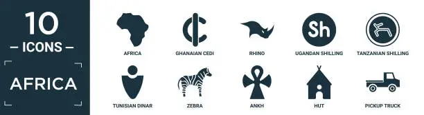 Vector illustration of filled africa icon set. contain flat africa, ghanaian cedi, rhino, ugandan shilling, tanzanian shilling, tunisian dinar, zebra, ankh, hut, pickup truck icons in editable format..