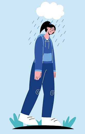 The illustration portrays a sad, lonely girl walking in the rain.