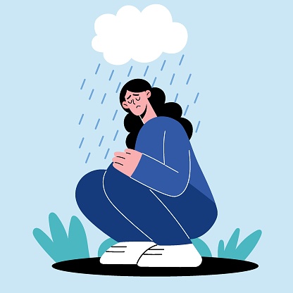 The illustration depicts a melancholic, solitary girl sitting under the rain.