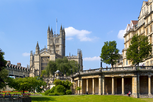 Kings College Chapel viewed through trees in springtime in the historic university town of Cambridge, England, UK.