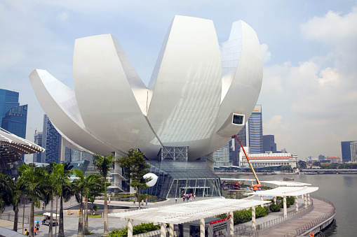 Macau- September 22, 2019: Building view of the large sculpture Lotus Flower In Full Bloom at Lotus Square in Sé, downtown Macau, China.