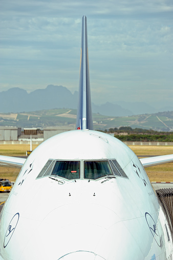 Madrid, Spain; 04, 21, 2024: Private jet area at Madrid Barajas Airport seen from one of the airport cafes.