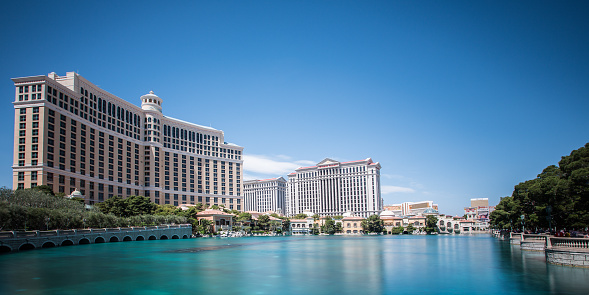 October 18, 2018 - Las Vegas, United States:  Panoramic aerial view of Luxury Hotels in Las Vegas strip at dusk: Paris, Venitian, Palazzo, Bellagio and many other luxury casino resorts in the heart of Las Vegas and the fountains of Bellagio Hotel