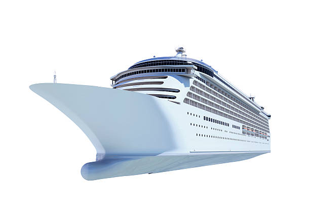 Front view of white cruise ship against blank background stock photo
