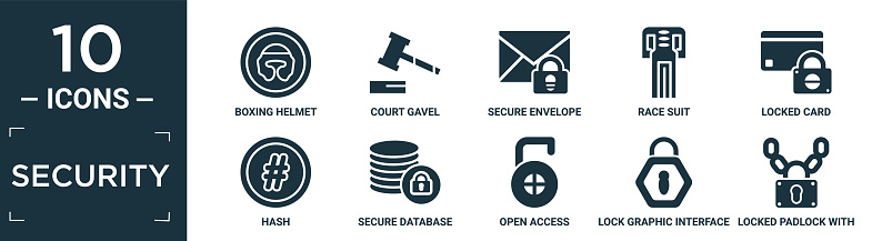 filled security icon set. contain flat boxing helmet, court gavel, secure envelope, race suit, locked card, hash, secure database, open access, lock graphic interface security, locked padlock with