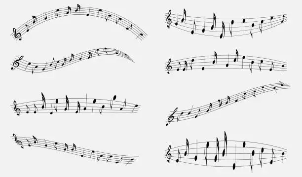 Vector illustration of Music notes, staff treble clef notes with curves isolated on white background. Vector illustration eps10