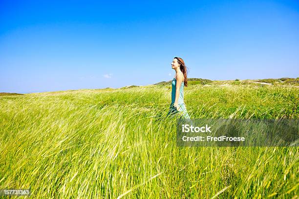 Foto de Mulher No Campo De Desfrutar Da Natureza e mais fotos de stock de Adulto - Adulto, Alegria, Azul