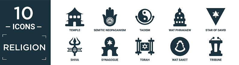 filled religion icon set. contain flat temple, semitic neopaganism, taoism, wat phrakaew, star of david, shiva, synagogue, torah, wat saket, tribune icons in editable format.