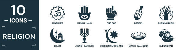 gefüllte religion icon set. enthalten flachen hinduismus, hamsa-hand, ein gott, dreidel, brennender dornbusch, islam, jüdische kerzen, mondsichel und stern, matzenbällchensuppe, sufganiyah-symbole in bearbeitbarem format. - matzo ball soup stock-grafiken, -clipart, -cartoons und -symbole