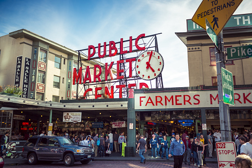 Seattle, Washington - July 11, 2015: The iconic sign and clock at the Seattle public market at Pike Place in Seattle Washington