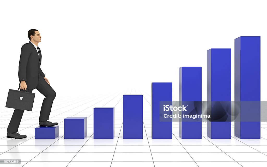 Businessman Going Up Businessman going up on graph bars. Steps and Staircases Stock Photo