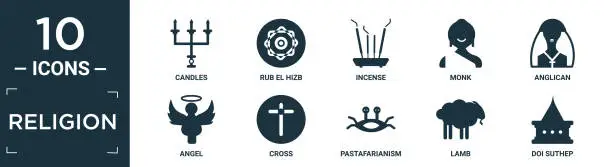 Vector illustration of filled religion icon set. contain flat candles, rub el hizb, incense, monk, anglican, angel, cross, pastafarianism, lamb, doi suthep icons in editable format..