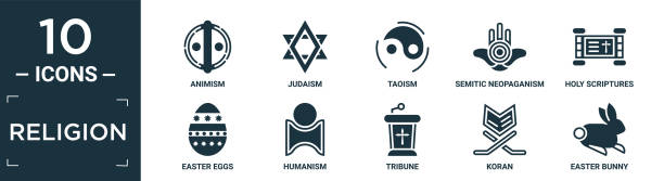 ilustrações de stock, clip art, desenhos animados e ícones de filled religion icon set. contain flat animism, judaism, taoism, semitic neopaganism, holy scriptures, easter eggs, humanism, tribune, koran, easter bunny icons in editable format.. - humanism