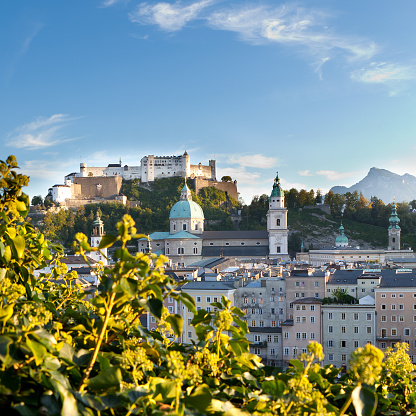 Beautiful view of the historic city of Salzburg with Festung Hohensalzburg in summer, Salzburger Land, Austria. Panoramic summer cityscape of Salzburg, Old City, birthplace of famed composer Mozart.