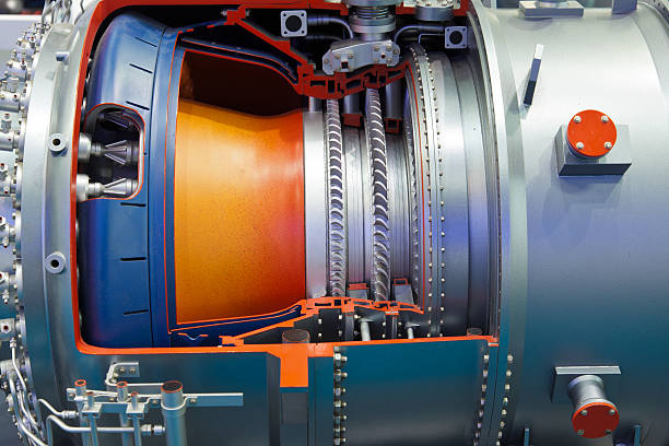 A close up shot with details of an industrial gas turbine  stock photo