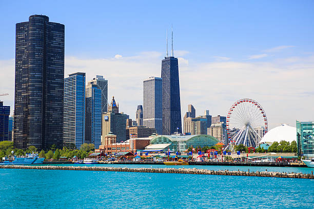 Navy Pier Park and Chicago cityscape stock photo