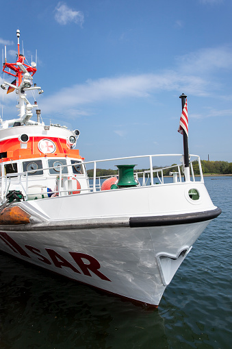 Bremerhaven, Germany - October 28, 2021: Bremen police coast patrol boat Lesmona in shipyard for maintenance