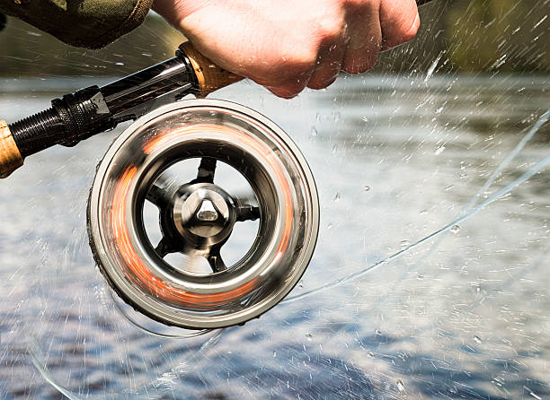 Fishing Action Water spraying outwards from the line on a fishing reel as it spins around at high speed. fly fishing scotland stock pictures, royalty-free photos & images