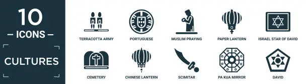 Vector illustration of filled cultures icon set. contain flat terracotta army, portuguese, muslim praying, paper lantern, israel star of david, cemetery, chinese lantern, scimitar, pa kua mirror, david icons in editable.