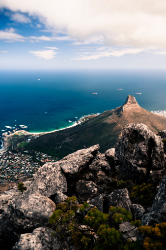 Top view  from Table mountain. Looking down at the Atlantic ocean with views of Camps Bay and Clifton's beaches. South Africa.
