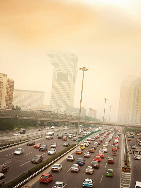 스모그, 교통 체증 베이징 - beijing air pollution china smog 뉴스 사진 이미지