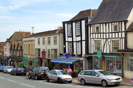 Rye, England UK - Jun 13, 2023: Old street of Rye town with traditional buildings.