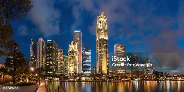 Singapore Cbd Boat Quay Neon Night Illuminated Panorama Stock Photo - Download Image Now