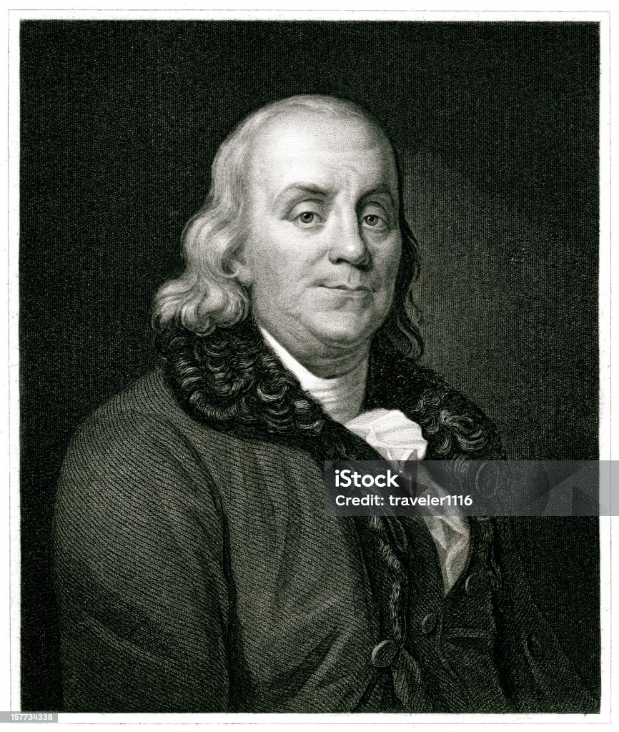 Benjamin Franklin Engraving From 1834 Featuring The American Scientist, Writer, And Politician, Benjamin Franklin.  Franklin Lived From 1706 Until 1790. Benjamin Franklin stock illustration