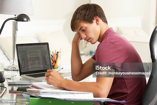 Männlicher Teenager Studieren Am Schreibtisch Im Schlafzimmer Stockfoto und mehr Bilder von Akademisches Lernen