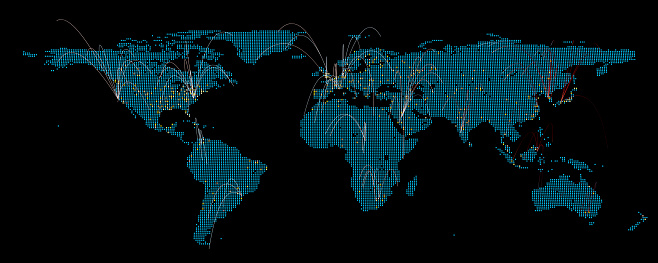 A background representing exports, imports or connected networks on a world map with large cities illuminated by stylish dots. 3d rendering