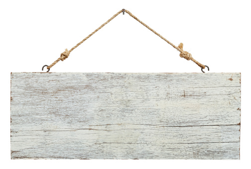 Old weathered white wood signboard, hanging by old rope from a nail, composite image, isolated on white, clipping path included.