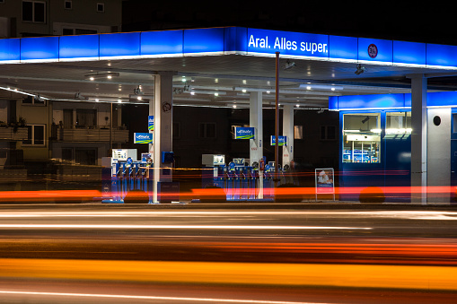 Negombo, Sri Lanka – April 13, 2022: Vehicles queuing in a long line at a gas station during the economic crisis of Sri Lanka.