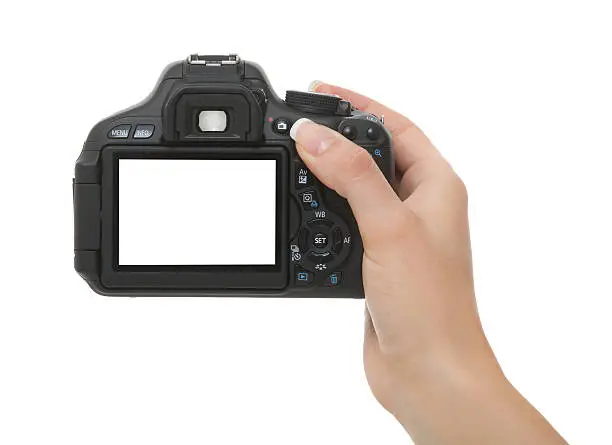 Photo of woman hand Holding Camera with white screen isolated