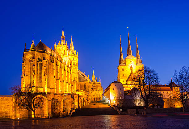 Erfurt's Landmark the St. Mary's Cathedral and Severi Church at dusk.