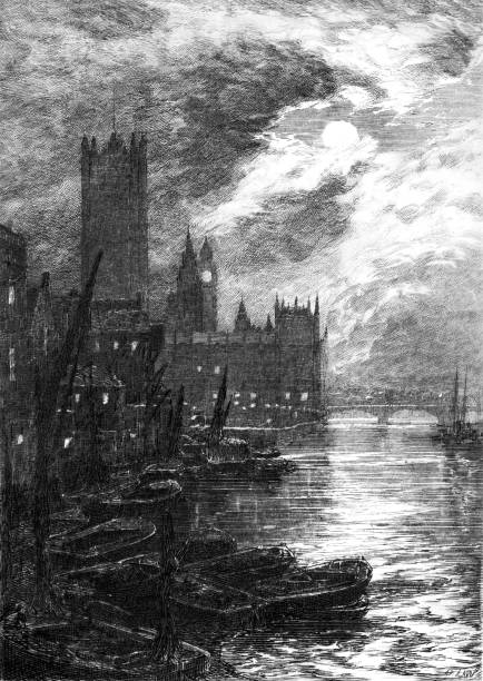 westminster-londyn - london england victorian style big ben dark stock illustrations