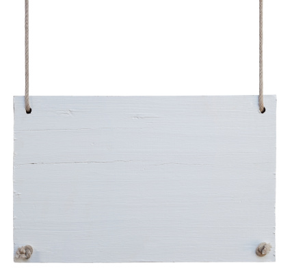Old weathered white wood signboard, hanging by old rope, high resolution, composite image, isolated on white, clipping path included.