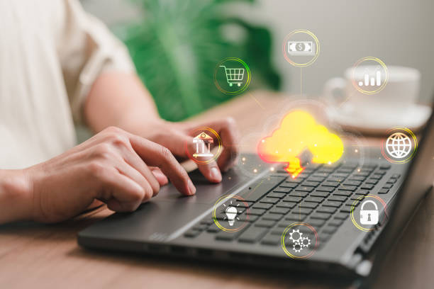 istock Businessman using laptop computer with cloud computing diagram. Business concept of cloud computing, Big Data Storage, Banking, Internet network security, Finance, Online Shopping, Digital link tech. 1577358454