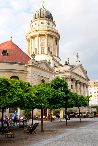 Vilnius, Lithuania - August 10, 2019: The main church and the most important square in Lithuania - in the state capital Vilnius: the Cathedral Basilica of St Stanislaus and St Ladislaus with the belfry in the Cathedral Square in the morning