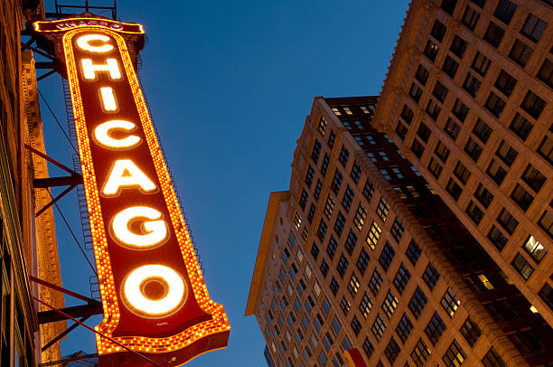 Chicago, USA - July 8, 2012: The Famous Chicago Marquee Theater Sign on State Street in the Loop area of Downtown Chicago at Twilight.