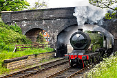 Steam train passing under a bridge