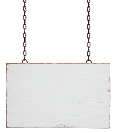 Old weathered white wood signboard, hanging by old chains, composite image, isolated on white, clipping path included.